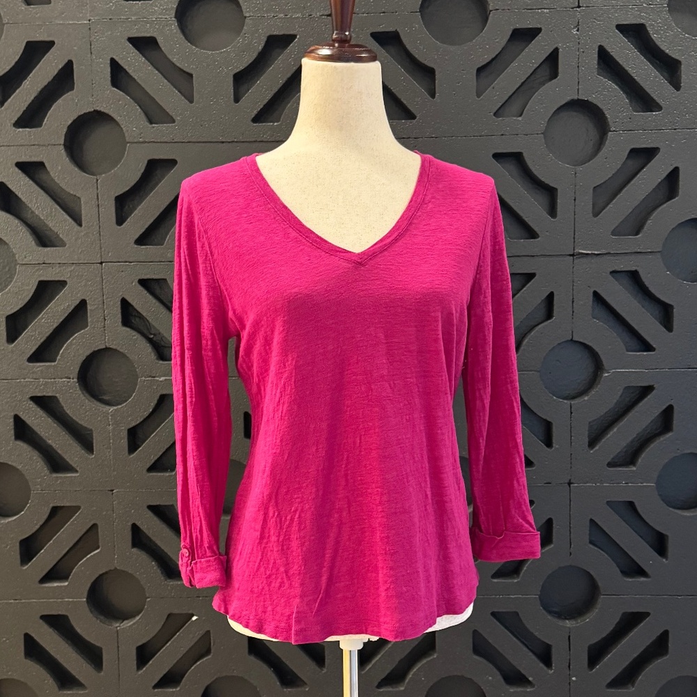 Chicos Linen V Neck Top Magenta Lightweight Relaxed Summer Blouse